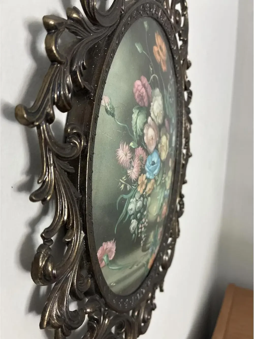Vintage Made in Italy Floral Wall Art, Convex Bubble Glass Frame Ornate